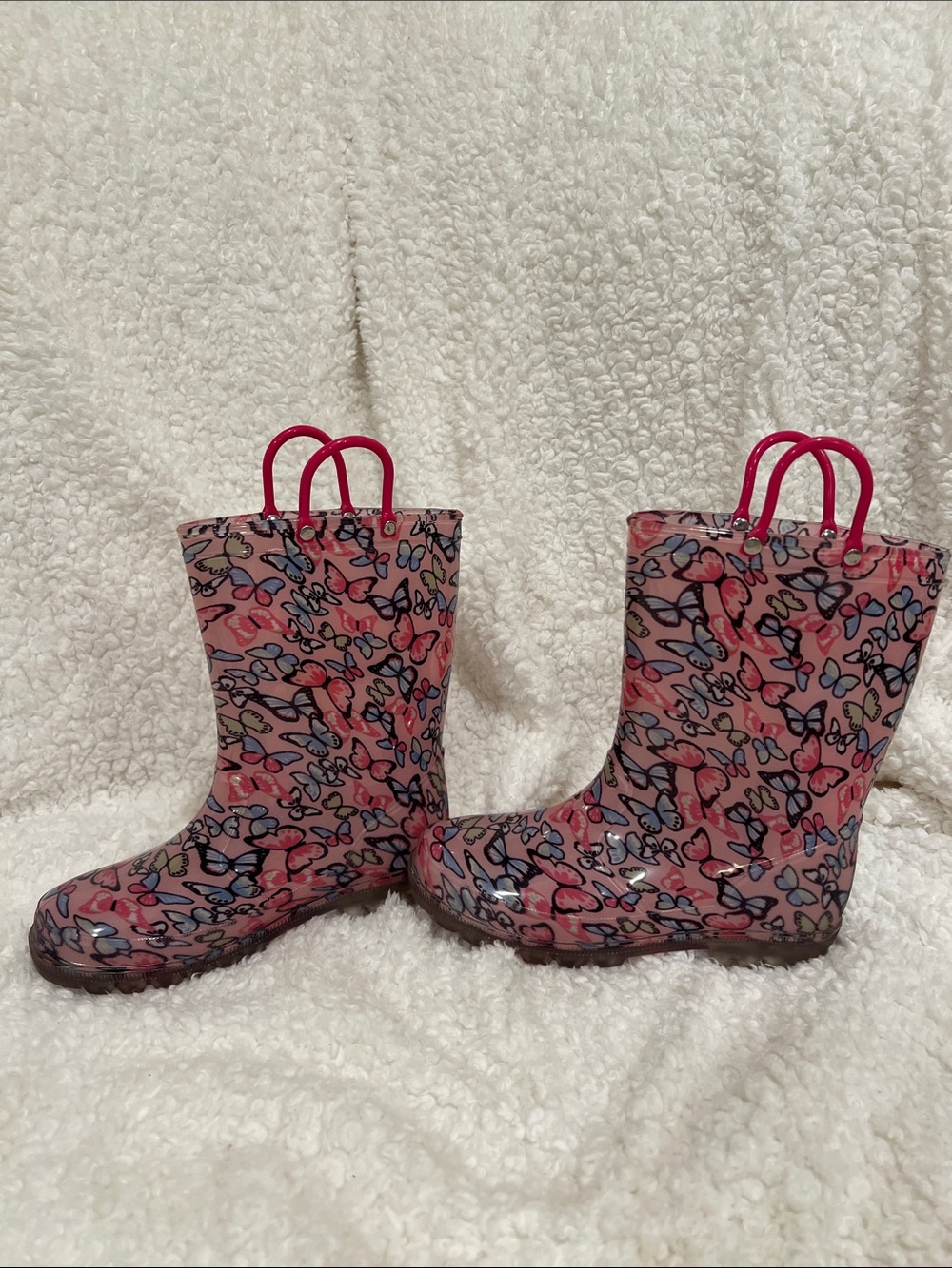 Girls' Pink Butterfly Print Rain Boots with Easy Pull Handles